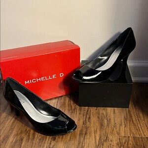Michelle D Black Patent Peep-Toe Heels